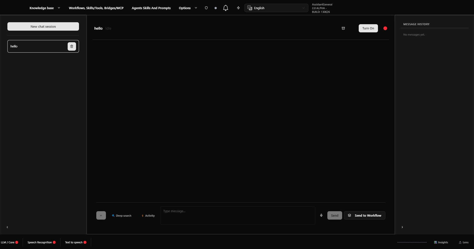 AssistantGeneral main chat interface showing sessions sidebar, deep search toggle, and Send to Workflow button